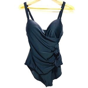 Art to wear swimming suit flower applique ruched waist cottage feminine women M